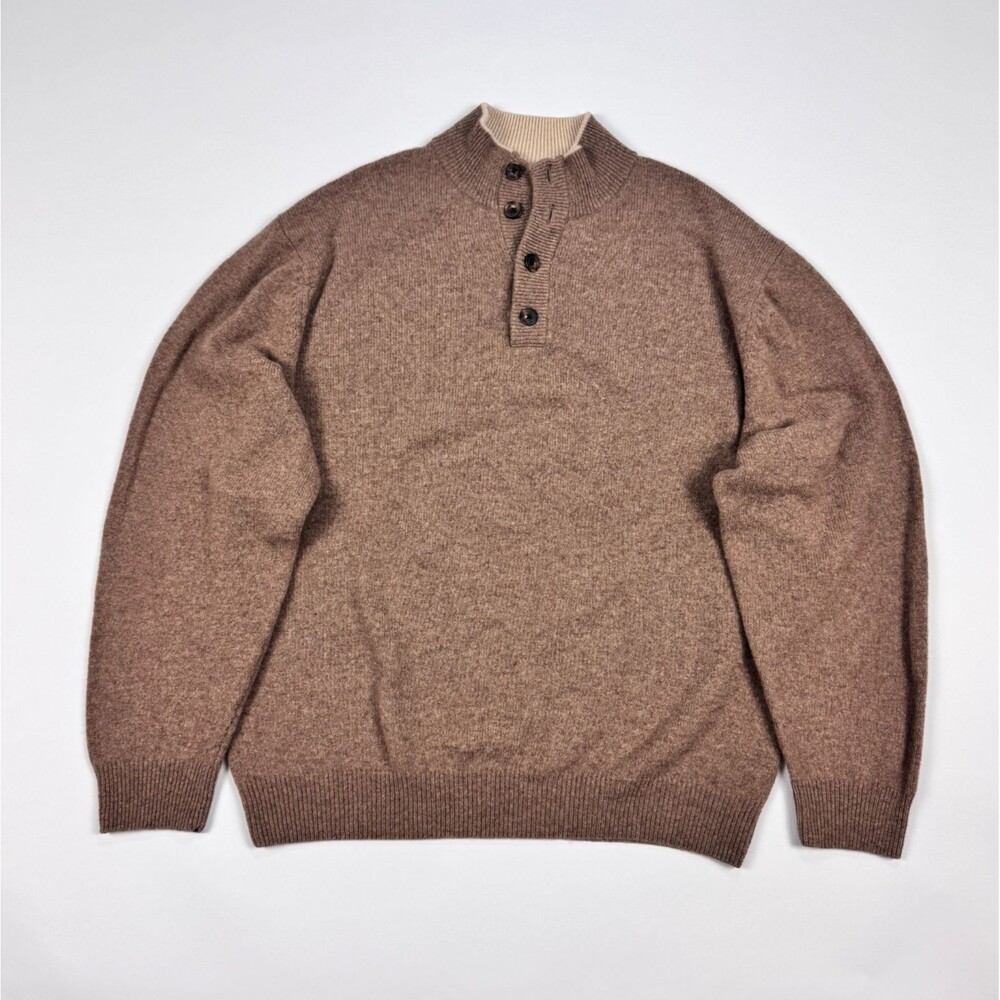 Jos A. Bank Mens XL Lambswool Sweater Brown Quarter Button Mock Neck Pullover
